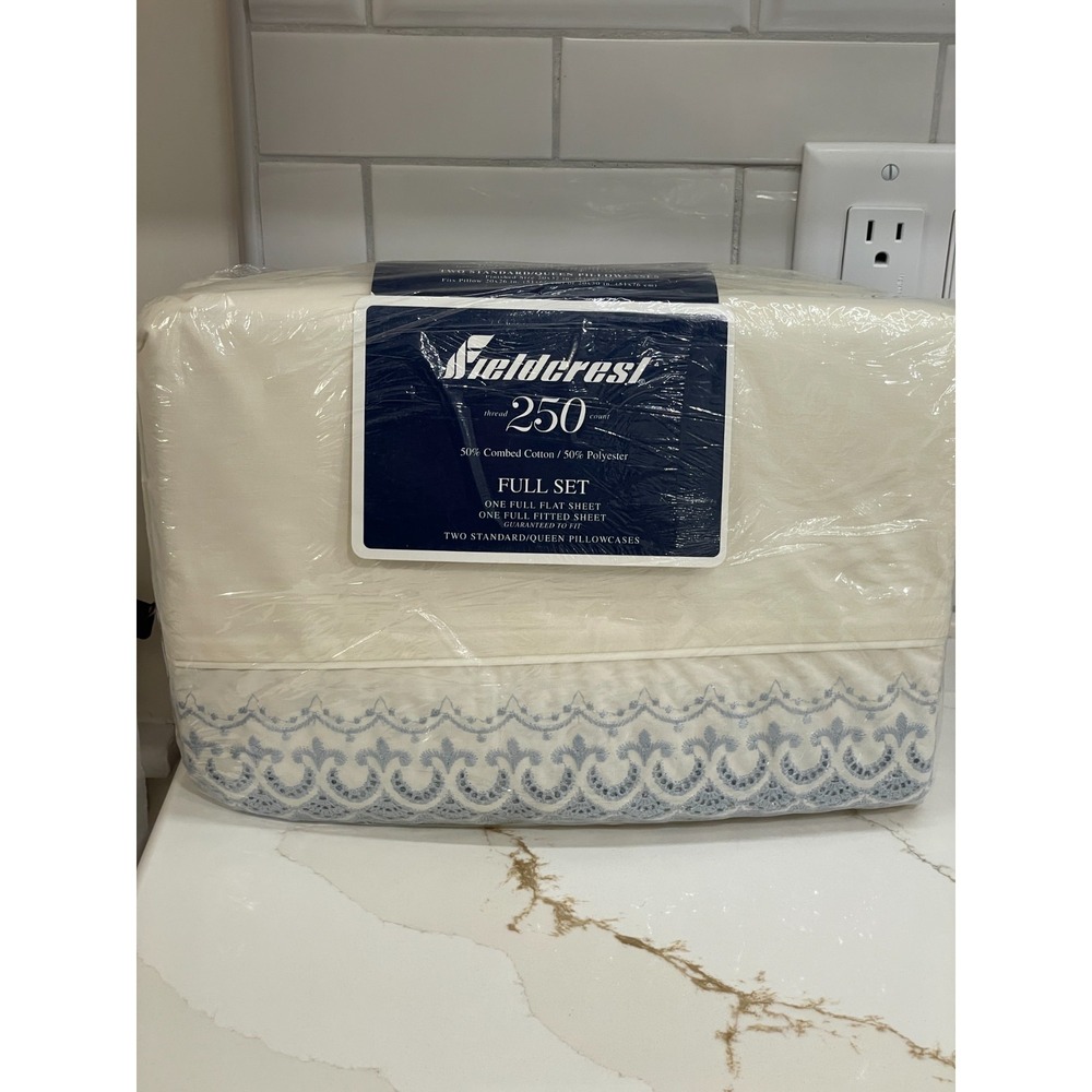 Vintage Fieldcrest Full Sheet Set Fitted Flat 2 Pillowcases White‎ Blue Eyelet